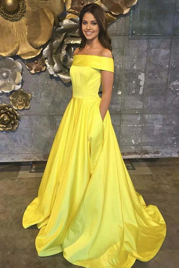 Vestido de fiesta amarillo de satén sin mangas, corte A, hombros descubiertos y bolsillos